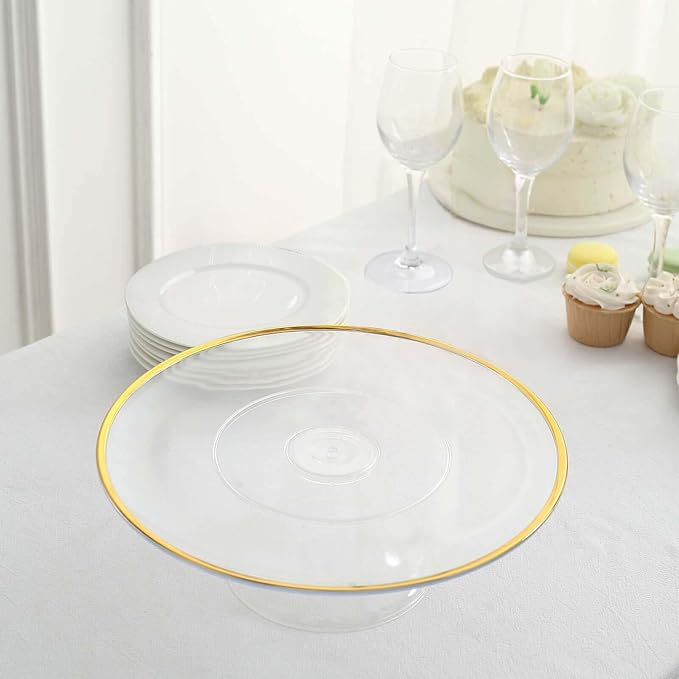 Efavormart 2 Pack | 12" Clear with Gold Rim Plastic Cupcake Dessert Display Riser, Disposable Pedestal Cake Stand