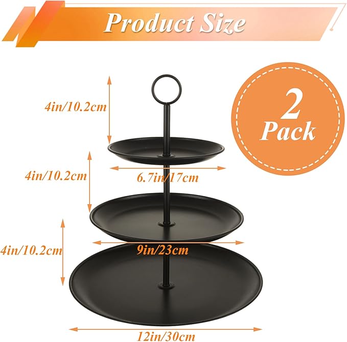 2 Pack Black Cupcake Stands, Large Stainless Steel 3 Tier Serving Tray, Tiered Dessert Stand Cup Cake Tower for Party, Birthday, Wedding