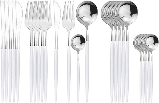 Silver Silverware Set, 24-Piece Stainless Steel Flatware Set Service For 6, Mirror Polished White Handle Tableware Cutlery Set Knife Fork And Spoon For Home & Restaurant, Dishwasher Safe