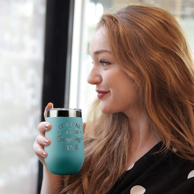 PlaqueMaker It's Fine Travel Stemless Wine Tumbler - 16-oz, Available in Black, Lilac, Teal, White, Blue, Red, Pink or Navy