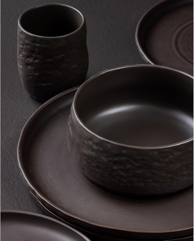 Stone by Mercer Project SHOSAI 16-Piece Stoneware Dinnerware Set, Plates and Bowls Set, Modern Dishware set fo 4, Black