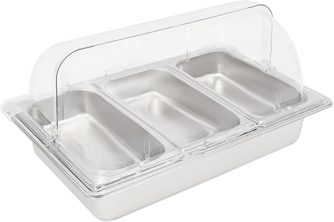 Countertop Food Serving Display Container with Clear Roll Top Cover, Stainless Steel Food Serving Tray Buffet Condiment Dispenser for Parties, Hotels, Weddings
