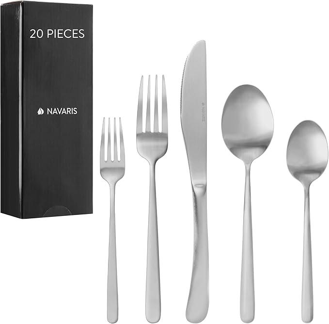 Navaris Stainless Steel Silverware Set - Small Modern 20 Piece Forged Flatware Sets with Satin Silver Finish - Chemical Free 18/0 Steel Eating Utensils Starter Set for 4 People