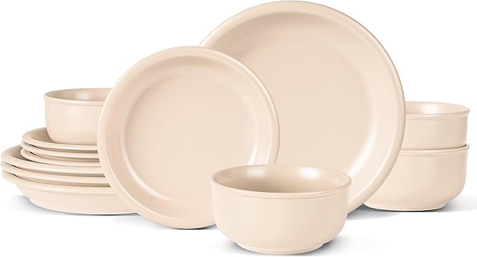 Plates and Bowls Sets, 12 Piece Ceramic Stoneware Dinnerware Set for Family and Gatherings, Dishes Set for 4, Dishwasher & Microwave Safe, Handcrafted Dishware Sets, Terracotta White