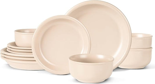 Plates and Bowls Sets, 12 Piece Ceramic Stoneware Dinnerware Set for Family and Gatherings, Dishes Set for 4, Dishwasher & Microwave Safe, Handcrafted Dishware Sets, Terracotta White