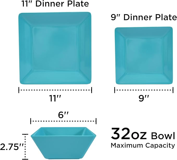TP 12-Piece Melamine Dinnerware Sets, Plates and Bowls Dishes Set for 4, Break-Resistant & Non-Microwavable, Lightweight Square Dinner Plates, Teal