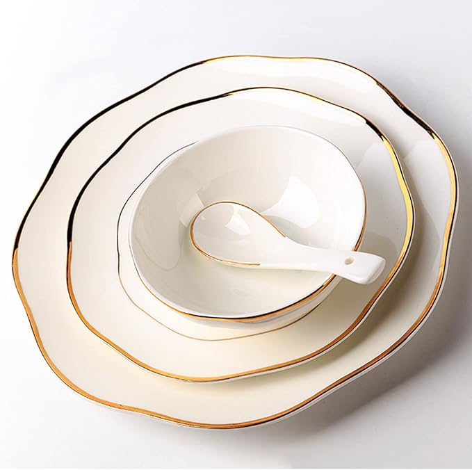 Dinner Sets Bone China Dinnerware Series 16-Piece White Porcelain Dinnerware Set Gold Border Dish Set with Dessert Plates/Soup Plates/Dinner Plates and Bowls Sets Tableware Service (Gold White )