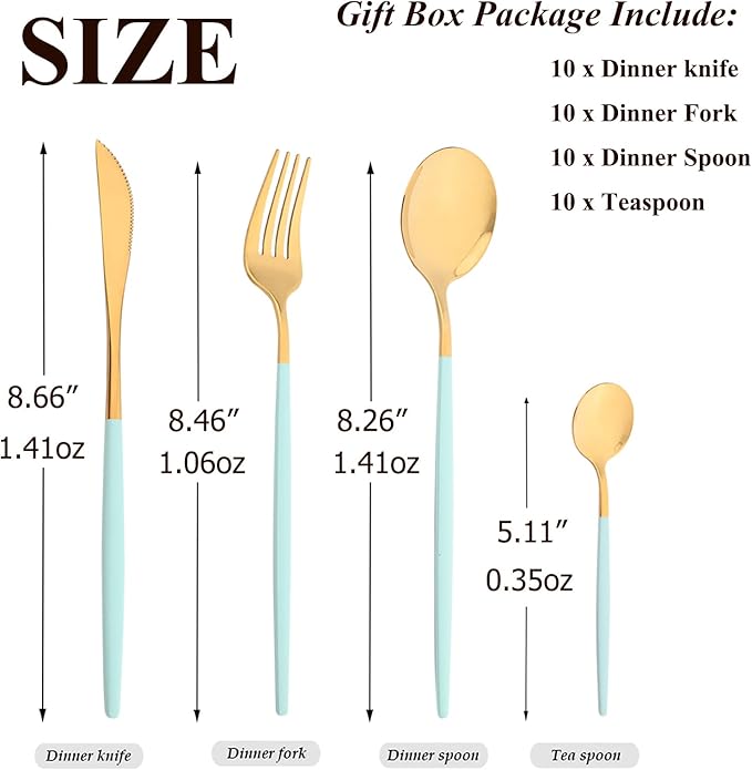 40 Pcs Silverware Set With Teaspoon For 10, Food Grade Stainless Steel Utensils Tableware Set, Elegant & Simple Flatware Serving Set Include Knife Fork Spoon, Mirror (Mint Green Gold)