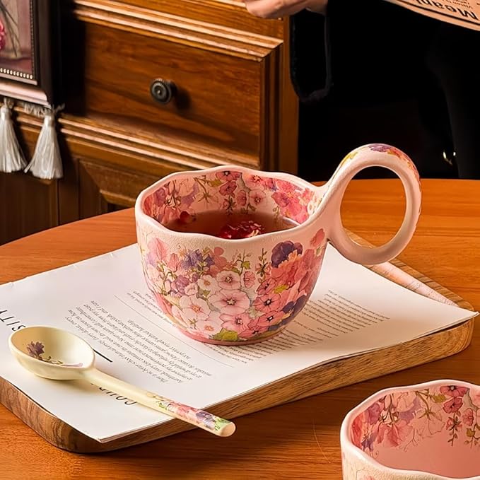 16.91oz/500ml Handpainted Soup Bowl with Handle,Ceramic Cereal Bowl Microwave & Dishwasher Safe,Loop Handle Bowl Great for Soup,Yogurt,Snack,Chip,Stew,Ice Cream,Coffee (Hollyhock-Pink)