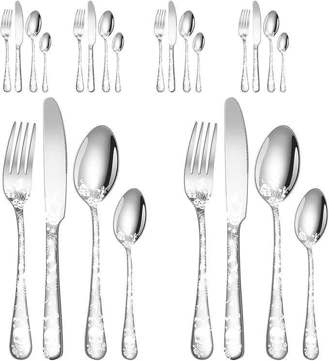 XIAOYU 24-Piece Halloween Themed Skull Silverware Set, Gothic Skull Pattern Design, Stainless Steel Flatware Set Serving for 6, Knives Forks Spoons Cutlery Daily Halloween Party Event, Silver