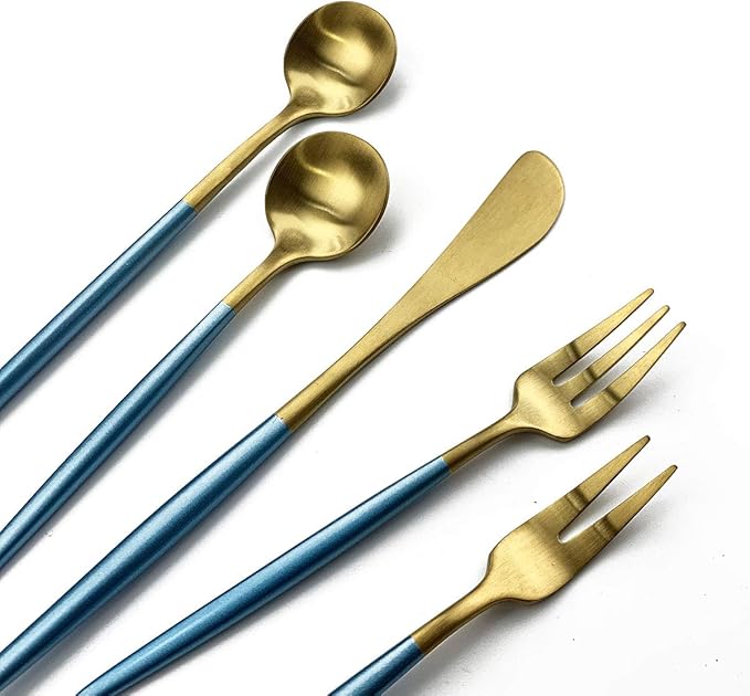 Gugrida Blue Handle Gold Flatware Set, Royal 5 Pieces Matte Blue Handle 18/10 Stainless Steel Long Handle Spoon 7.87", Camping Cutlery Silverware Travel Utensils Set Tableware