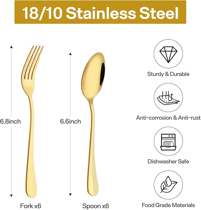 12 Pieces Spoons and Forks Set,Food Grade Stainless Steel Flatware Cutlery Set,6 Forks(6.8 inch)and 6 Spoons(6.6inch)Silverware Set for Home,Kitchen,Restaurant-Mirror Polished & Dishwasher Safe(Gold)