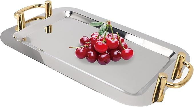 Stainless Steel Serving Plate, Elegant Mirror Finish Serving Tray Reusable Unbreakable Modern Kitchen Plates Golden with Handle for Hotel Restaurant Banquet (Rectangular (Length 16.9in))