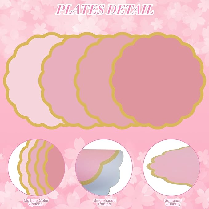 100 Pcs Pink Paper Placemats 13.5 Inch Disposable Scalloped Colorful Pastel Round Table Place Mats with Gold Edges, Decorative Colors Mats for Birthday Wedding Bridal Shower Banquet Tea Party
