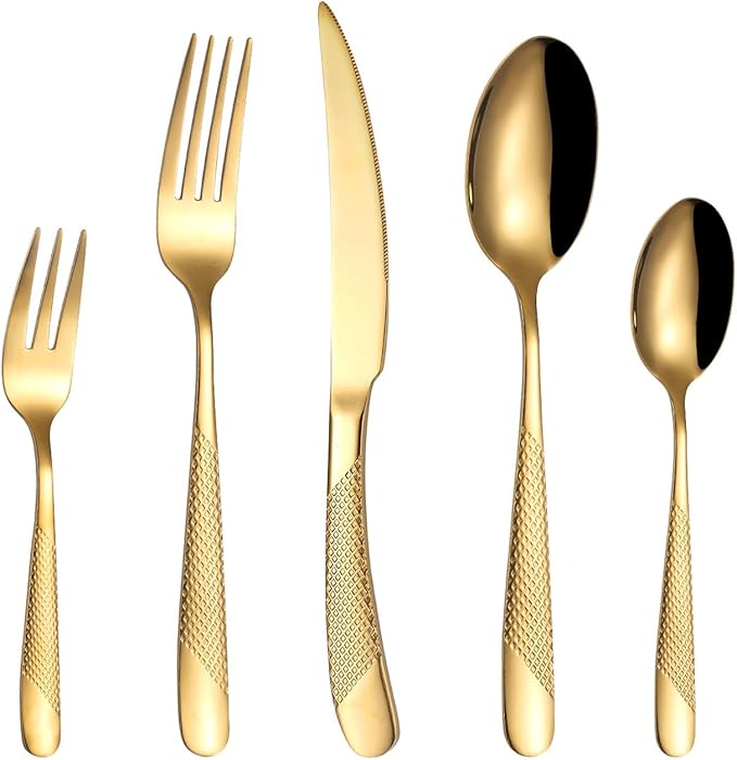 diamond hammered silverware set, 30-piece cutlery set for 6 people, Checkered Handle Stainless Steel Flatware serving set - Cutlery Set For Home Kitchen