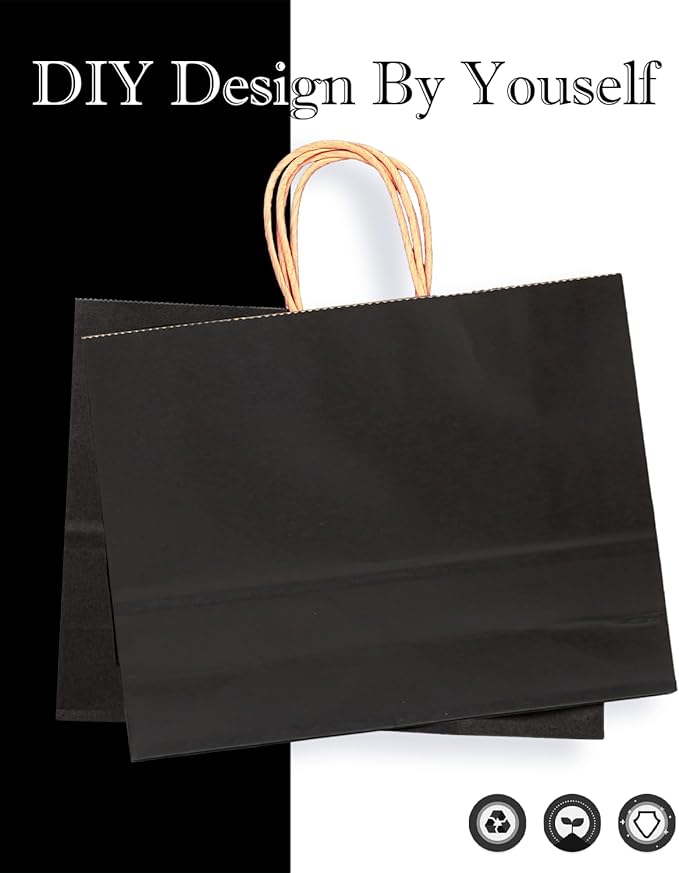 qiqee 30-Packs Black Gift Bags with Handles Bulk 13"x4.5"x10" Wide Large Size Kraft Party Paper Bags