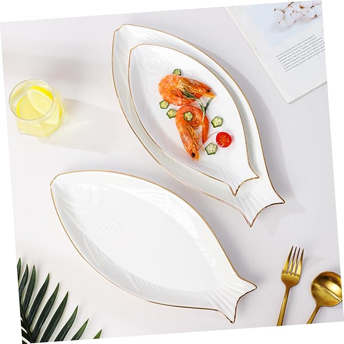 Amosfun Ceramic Fish Plate Gold Trim Decorative Fish Shaped Dish Serving Tray for Appetizers and Snacks Elegant Tableware for Parties Banquets and Home Use