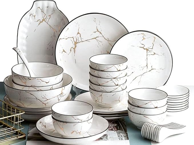 Plate Set – Kitchen Tableware Set,Ceramics Bowl and Plate Set 52-Piece Glaze Dinnerware Set, Suitable for Hotel Dinners and Family Banquet