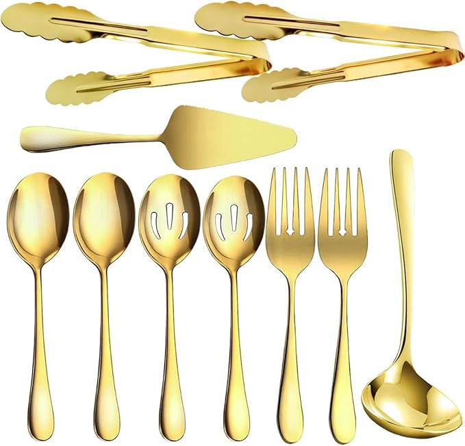 10 Pieces Serving Utensils Include Serving Spoons,Slotted Serving Spoons,Serving Forks,Serving Tongs,Soup Ladle and Pie Cake Server for Buffet Catering Banquet Party(Gold)