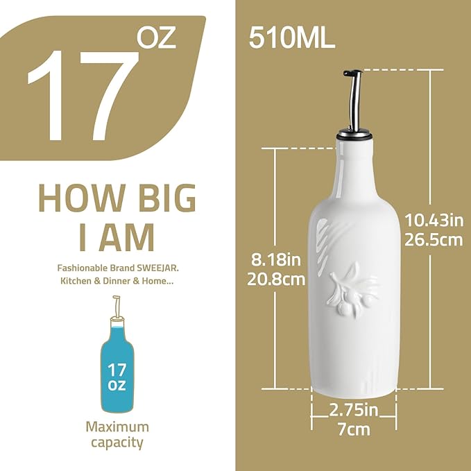 Sweejar Ceramic Olive Oil Dispenser Bottle, 17 FLOZ Oil Bottle with Spout，Porcelain Oil Dispenser for Kitchen,Cooking, Evoo, Vinegar, Soy Sauce, Pack of 1 (White)