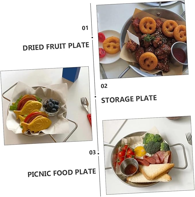 Garneck Stainless Steel Dinner Plate Food Platter Picnic Plate Silver Serving Tray Handles