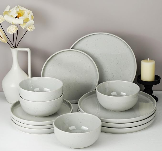 Kitchen Plates and Bowls Set Dinner Set for 4 Handpainted Dinner ware Sets, Microwave Safe Plates and Bowls Sets Stone Plate Scratch Resistant (Moonstone)