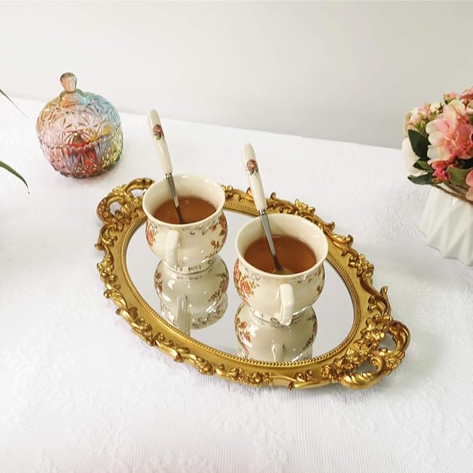 Hamphinee Oval Floral Wall Mirror Tray, Dresser Organizer Tray, Decorative Perfume Mirror Tray, Serving Tray, 9.8"x 14.6", Gold
