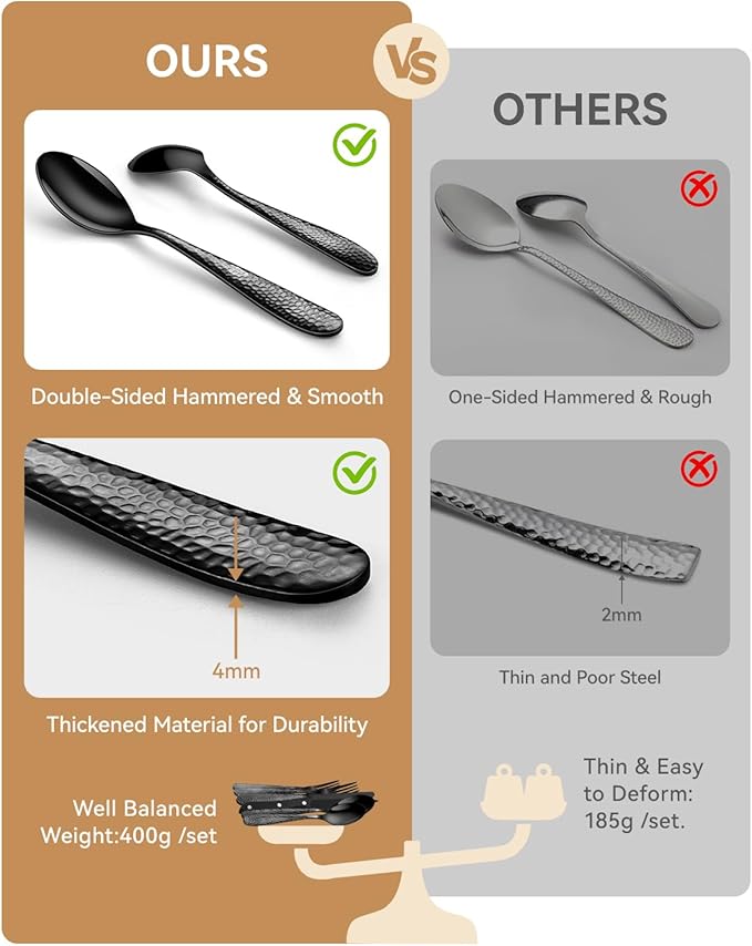 Hammered Silverware Set for 4, Heavy Duty 18/0 Black Flatware Set with Steak Knives, Aswwid 24 Pcs Stainless Steel Kitchen Cutlery Set Include Forks Spoons and Knives, Mirror Utensil Dishwasher Safe