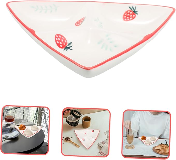 VALICLUD Ceramic Triangular Divided Plate Cute Strawberry Pattern Creative Design for Serving Snacks Appetizers and Meals for Family Use Easy to Clean Charming Table Decor