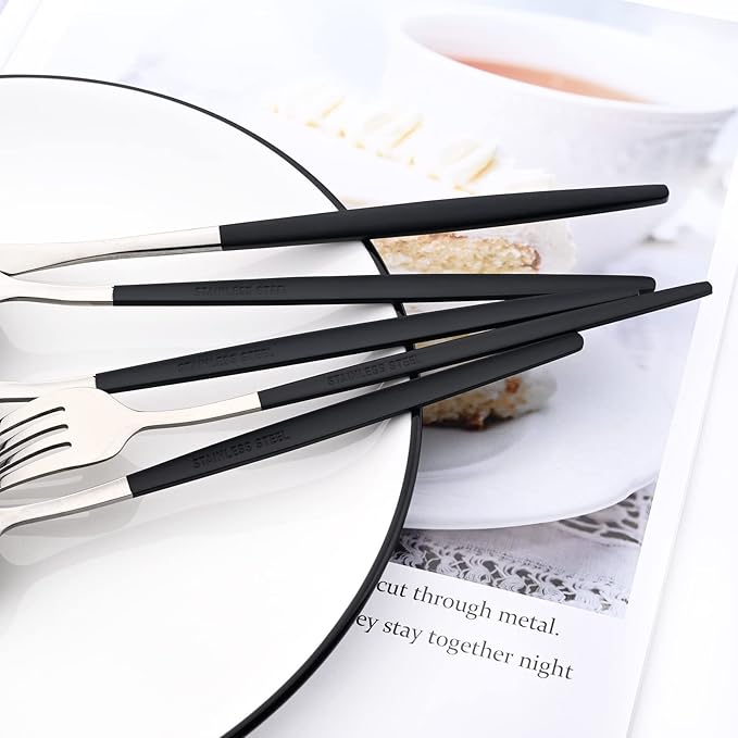 30-Piece Snplowum Mirror Flatware Serving Set, 18/0 Stainless Steel Dinnerware With Black Handle, Modern Durable Home Kitchen Eating Tableware Set Service For 6 (Black Silver)