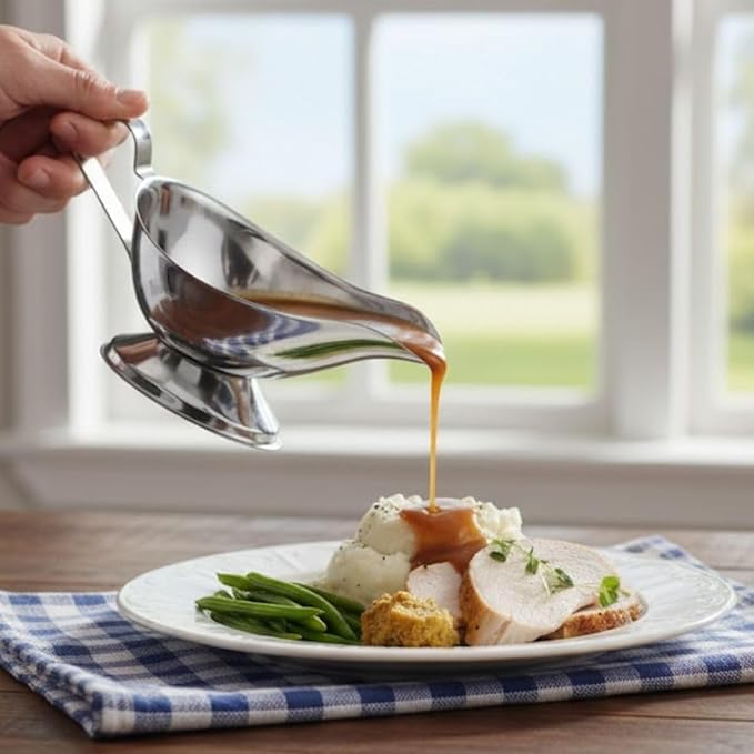 Soro Essentials- 8 oz. Stainless Steel Gravy Sauce Boat Gadroon Base with Loop Handle Set of 2- Restaurant Gravy Boat Dripless Lip Spout Serving Dish Gravy Bowl for Sauces Gravy Salad Dressings Milk