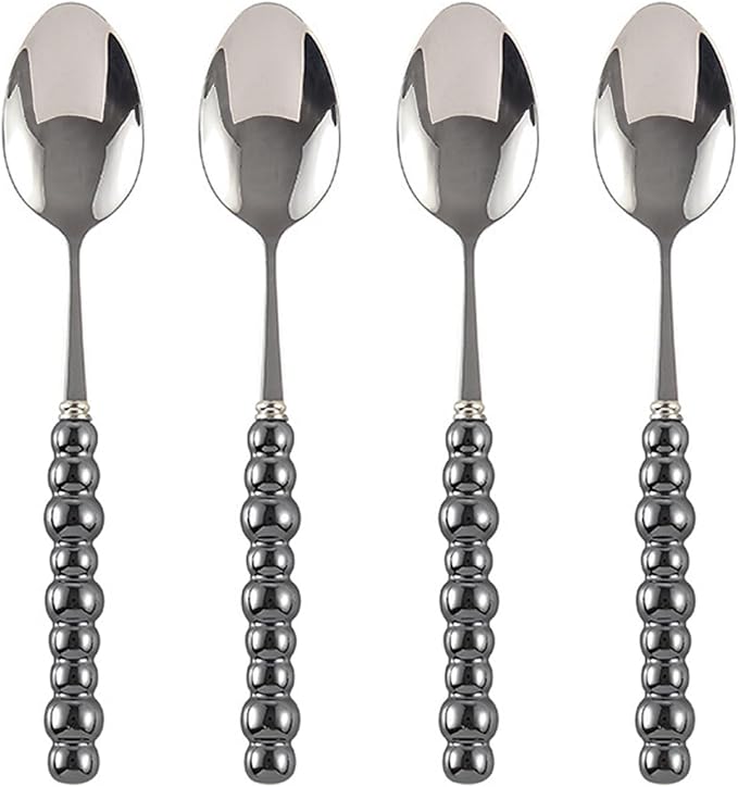 Stainless Steel Spoons, Stainless Steel Ceramic Handle Spoon, Korean Dessert Spoon with Imitation Pearl Handle, 8.4 Inches, 4 Pieces,Black.
