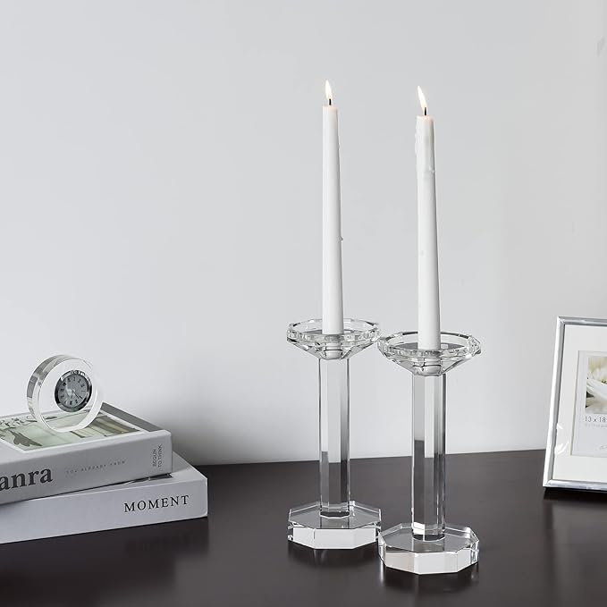 kitCom Crystal Candle Holders Set of 2, 8.27 Inch Tall Crystal Candlestick Holders for Taper, Long Candles or Tea Lights - Home Decoration, Wedding, Housewarming and Graduation Gifts
