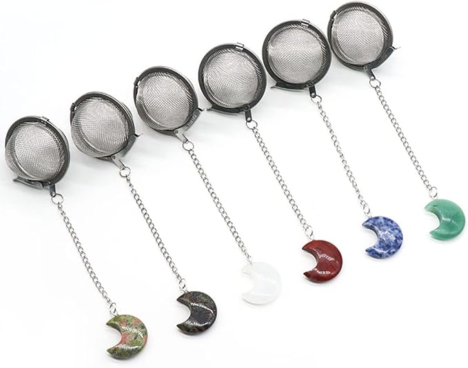 5 Pcs Tea Filter Stainless Steel with Moon Crystal Energy Stone Tea Strainers with Fine Mesh Extend Chain Hook Tea Ball Infuser for Loose Tea Leaves Spices Seasonings