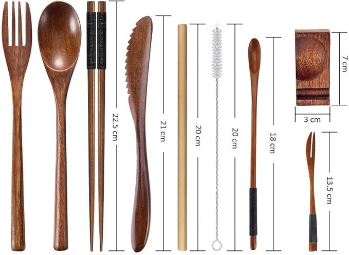 Wooden Utensil Flatware Set Reusable Utensils Travel Cutlery Set for Eating with Case, 10 Pcs Wooden Spoon and Fork Set Bamboo Flatware Set