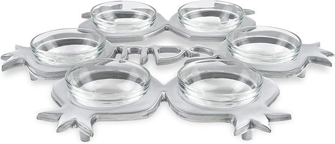 Zion Judaica Artistic Passover Seder Plate Silver Pomegranates Carved Pesach Seder Tray Shiny Aluminum with 6 Glass Liners for Symbolic Sader Foods Marked in Hebrew and English Traditional Sayder Dish