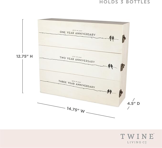 Twine Newlywed's Anniversary Wooden Gift Box with Lids and Brass Latches, Fits 3 Standard Wine Bottles, Wedding Keepsake Boxes, Decorative Storage Case for Mementos