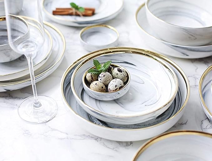 7PCS White Marble Ceramic Dinnerware Rice Salad Noodles Bowl Soup Plate Dinnerware Sets Dinnerware Kitchen Cooking Tool
