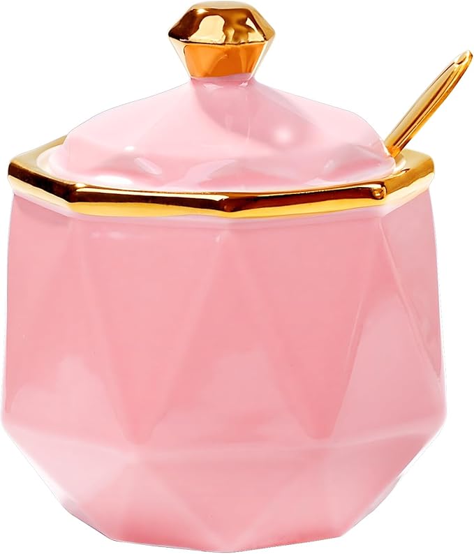 Sugar Bowl with Lid and Spoon, 9.5 oz Ceramic Sugar Bowl,Multi-Function Sugar Container Spice Container Salt Jar Condiment Bowls Sugar Jar for Kitchen Storage Organization 9.5 oz（280ml (Pink)