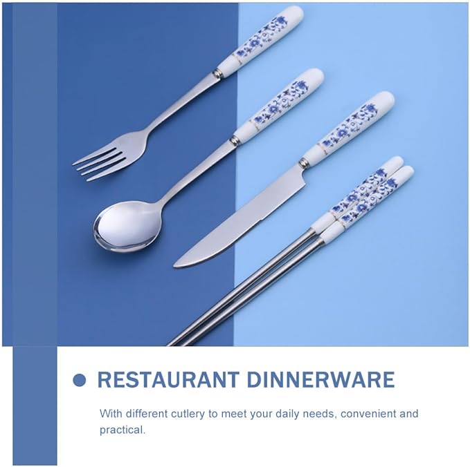 Luxshiny Blue and White Porcelain Flatware Set – Stainless Steel Fork, Spoon, Knife, and Chopsticks – Household Flatware Serving Kit for Home Dining and Party Use, 4pcs Tableware Set