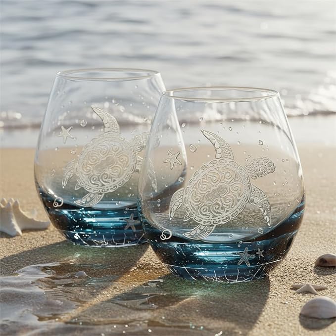 Sea Turtle Wine Glasses Set 2 - 13.3oz Crackle Teal Design, Hand blown Tortoise Wine Tumbler,Sea Turtle Gifts for Women, Birthday/Housewarming/Christmas Gifts for Seaturtle Lovers(2Count, White)