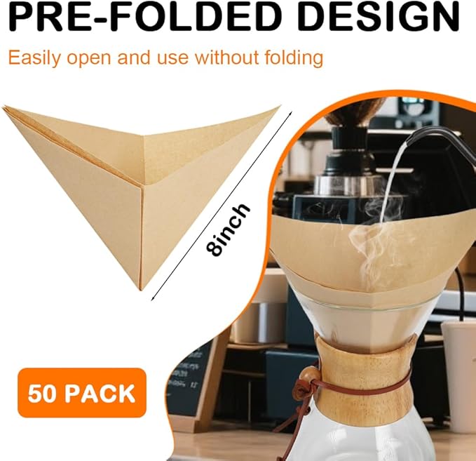 BYKITCHEN Pre-folded Pour Over Coffee Filter, Natural Unbleached Square Disposable Coffee Filter Papers for Pour-Over Coffee Maker Drippers and More(Set of 50)