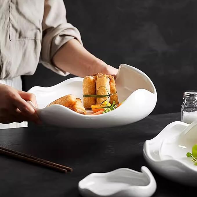 Reusable Plates White Ceramic Irregular Western Food Plate Home Appetizer Salad Hotel Restaurant Commercial Tableware(7.6inch)