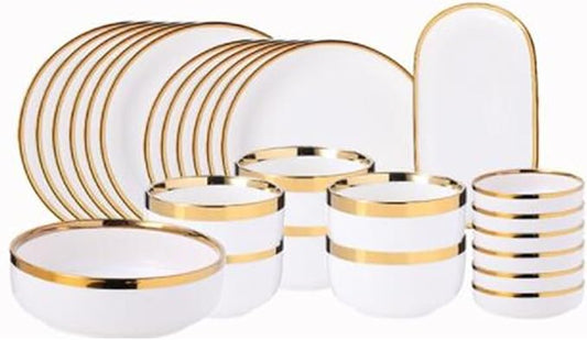 Dinnerware Set Gold Bright White Porcelain Dinner Sets Ceramic Bowl Dish Plates Set Porcelain Dinnerware for Household Hotel Ceramic Plates and Bowls Sets