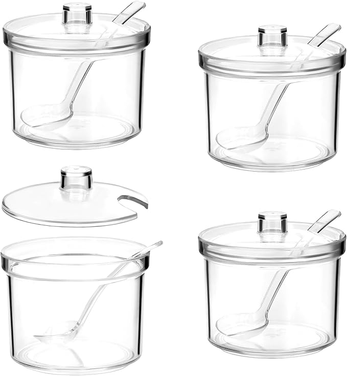 QWORK 4-Piece Clear Acrylic Sugar Bowl Set with Spoon and Airtight Lid, 210ml Condiment Keeper Sugar Jar for Sugar, Salt, Tea, and Spices