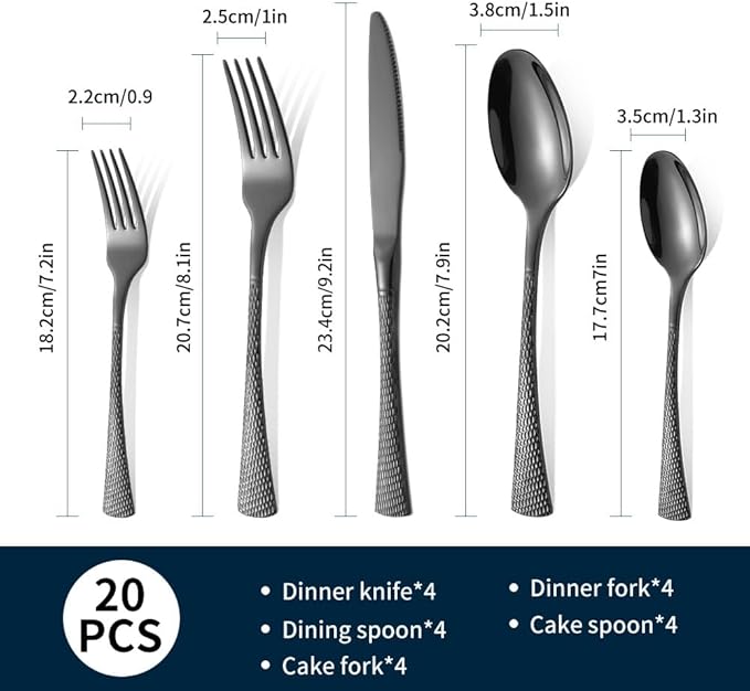 Hammered Black Silverware Set,20 Piece Modern Flatware Set Service for 4,Mirror Polished Stainless Steel Cutlery Set Utensil Set Tableware Set,Kitchen Knives Forks Spoons Set,Dishwasher Safe ﻿