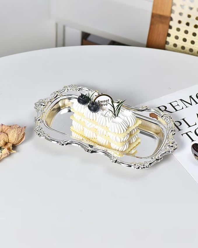 3PCS 8in Vintage Serving Trays Set Decorative Tray Metal Tableware Platters for Cookies Desserts Party Food Display (Silver)