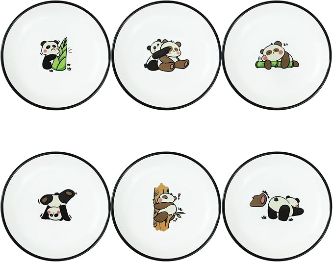 SOCOSY Super Cute Cartoon Panda Ceramic Sauce Dishes, Seasoning Dishes, Little Cat Dog Bird Feeding Bowls, Sushi Soy Dipping Bowls, Appetizer Plates, Dessert Plates-Panda-5 Inch, Set of 6