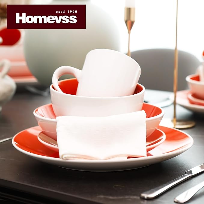 Stoneware Coupe Shape 12pc Dinnerware Set, Outside White + Inside Coral
