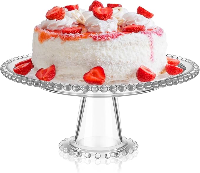 Wenqik 12 Inch Beaded Glass Cake Stand Vintage Clear Cake Stand Cakes Serving Platters Footed Dessert Plate Display Desserts Holder Fruit Serving Tray Display Accessories for Wedding Party Supplies